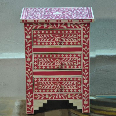 Bedside Table Nightstand Side Table Bone Inlay Wooden Handmade Red 3 Drawer