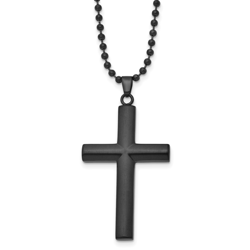 Stainless Steel Brushed Black IP-plated Cross Pendant Ball Chain Necklace 24