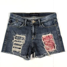Rock & Republic Cut Off Denim Shorts Womens 4 Blue Distressed Patchwork Bandana