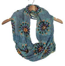 Raj Infinity Scarf Blue Silk Embroidered Sequin Boho Festival Gypsy 16" X 41"