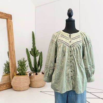 By Anthropologie Women's M Harmony Lace Button Down Long Sleeve Top Green
