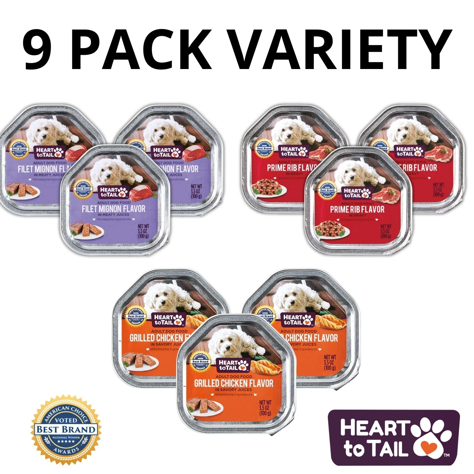Heart to Tail Dog Entree 3.5 oz 3 Prime Rib, 3 Filet Mignon & 3 Chicken - 9 Pack