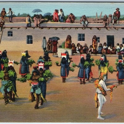 c1940s NM Pueblo Indian Corn Dance Linen Postcard Ceremony Traditional A91