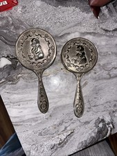 Vtg Baby Vanity Set Hand Mirror Brush Comb Silver Plated Teddy Bear Elegance