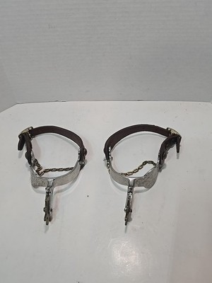 Vintage Pair Of Western Engraved Spurs Tooled Leather 