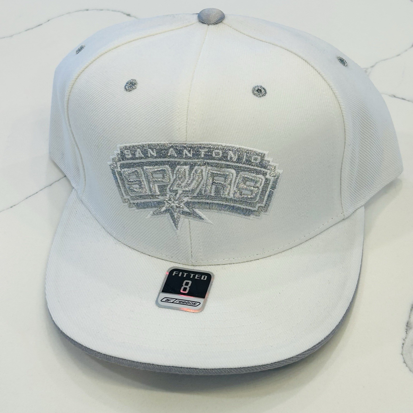 San Antonio Spurs NEW Reebok fitted hat size 8 White All Over & Silver Deadstock