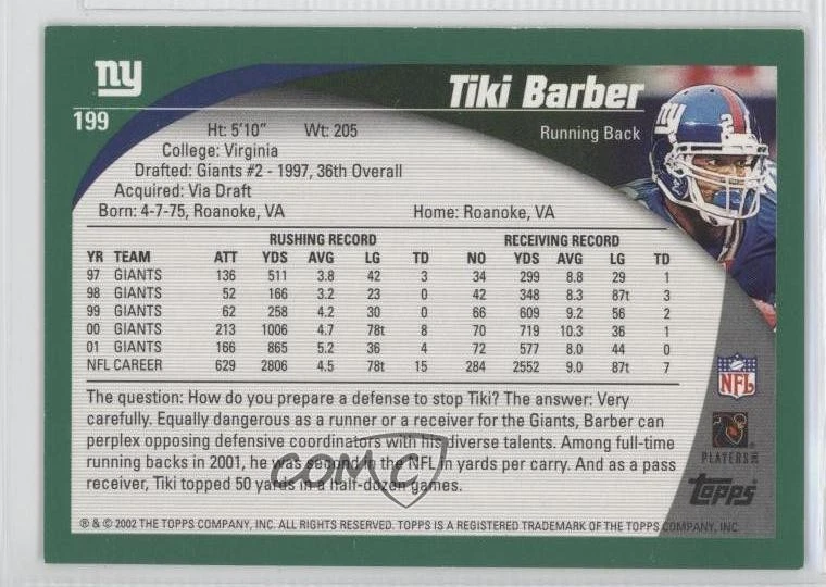 2002 Topps Topps Collection Tiki Barber #199 - Image 2 of 2