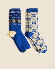 J.Crew Fair Isle Blue White Crew Socks 2 Pairs One Size Mid Calf Winter