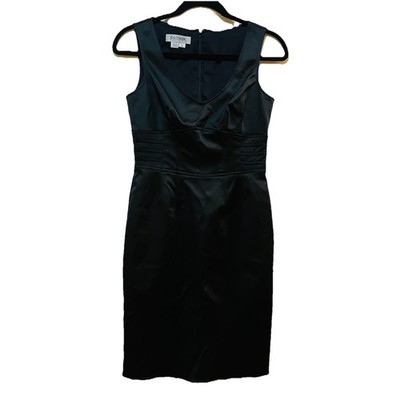 KAY UNGER Black Satin Knee Length LBD Bodycon Shift Dress Sz 4P