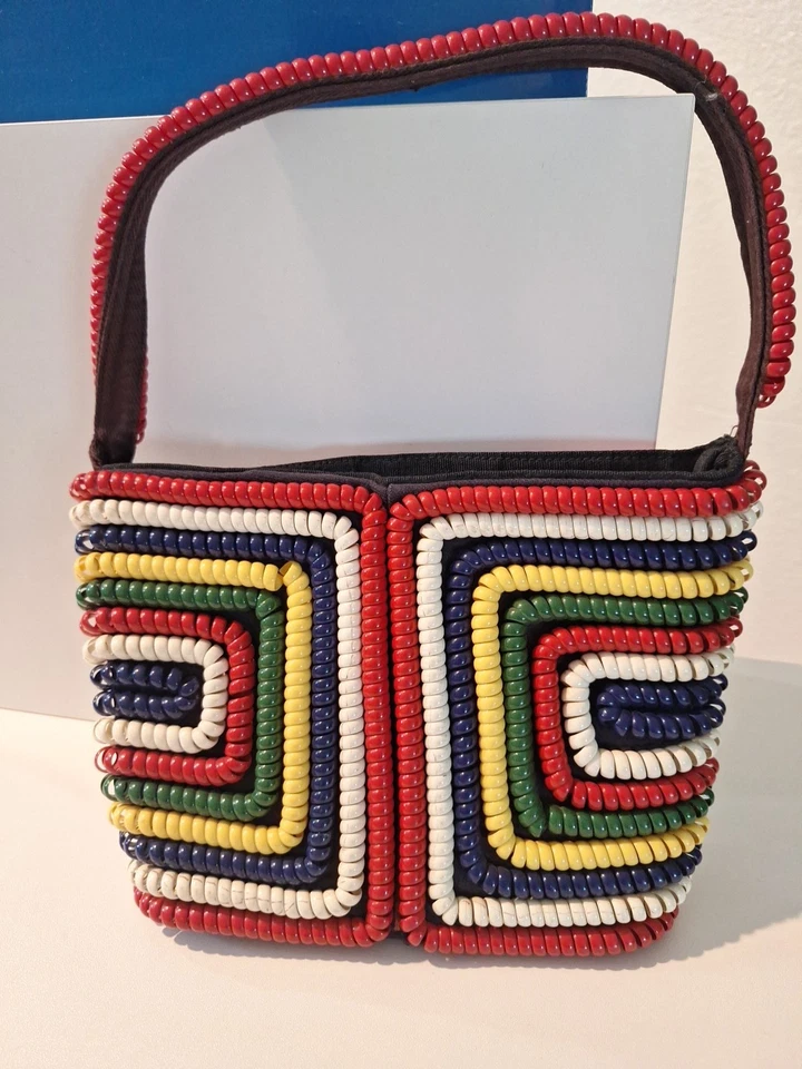 Bolsa de mão vintage década de 1940 cabo telefônico arco-íris multicolorida rara - Imagem 2 de 4