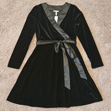 Soma Velvet Faux Wrap Dress Size M Black NEW Satin Trim Long Sleeve Pockets Chic