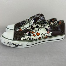 Ed Hardy Women's 8 Sneakers Brown Tattoo Graphic Skull Star Stud Slip On Shoes