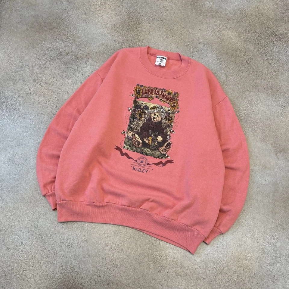 Sudadera Vintage Años 90 Boyd Bears Life Is Sweet Cuello Redondo XL Rosa Abuela Peluche Foto 2 de 4