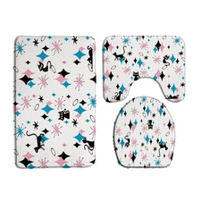 3 Piece Mid Century Cat Bath Mat Atomic Starbursts Blue Pink Diamond Black Ca...
