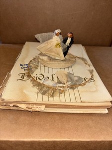 Vintage 1930s Crepe Paper Mache Bride Groom Wedding Cake Toppers Scrapbook Nice!