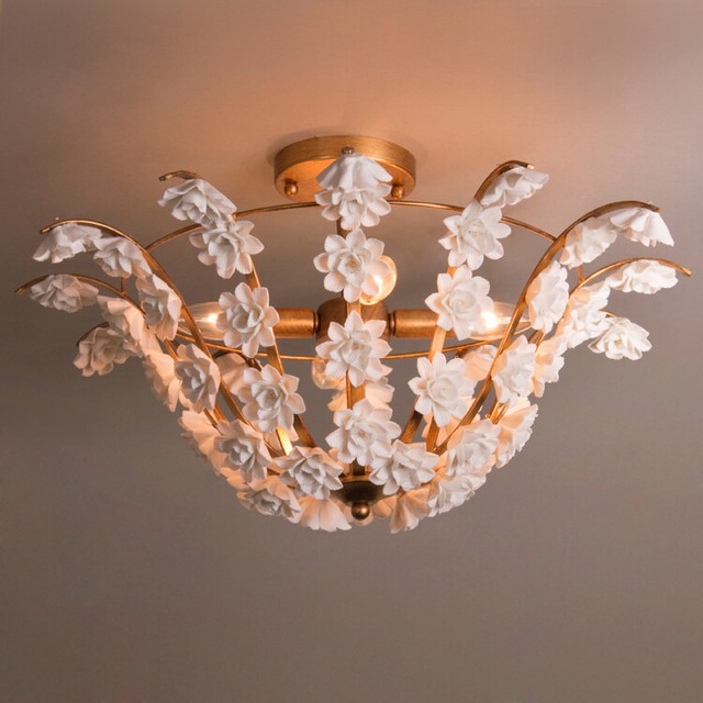 Retro White Porcelain Floral 4 Light Semi Flush Mount Ceiling Lamp