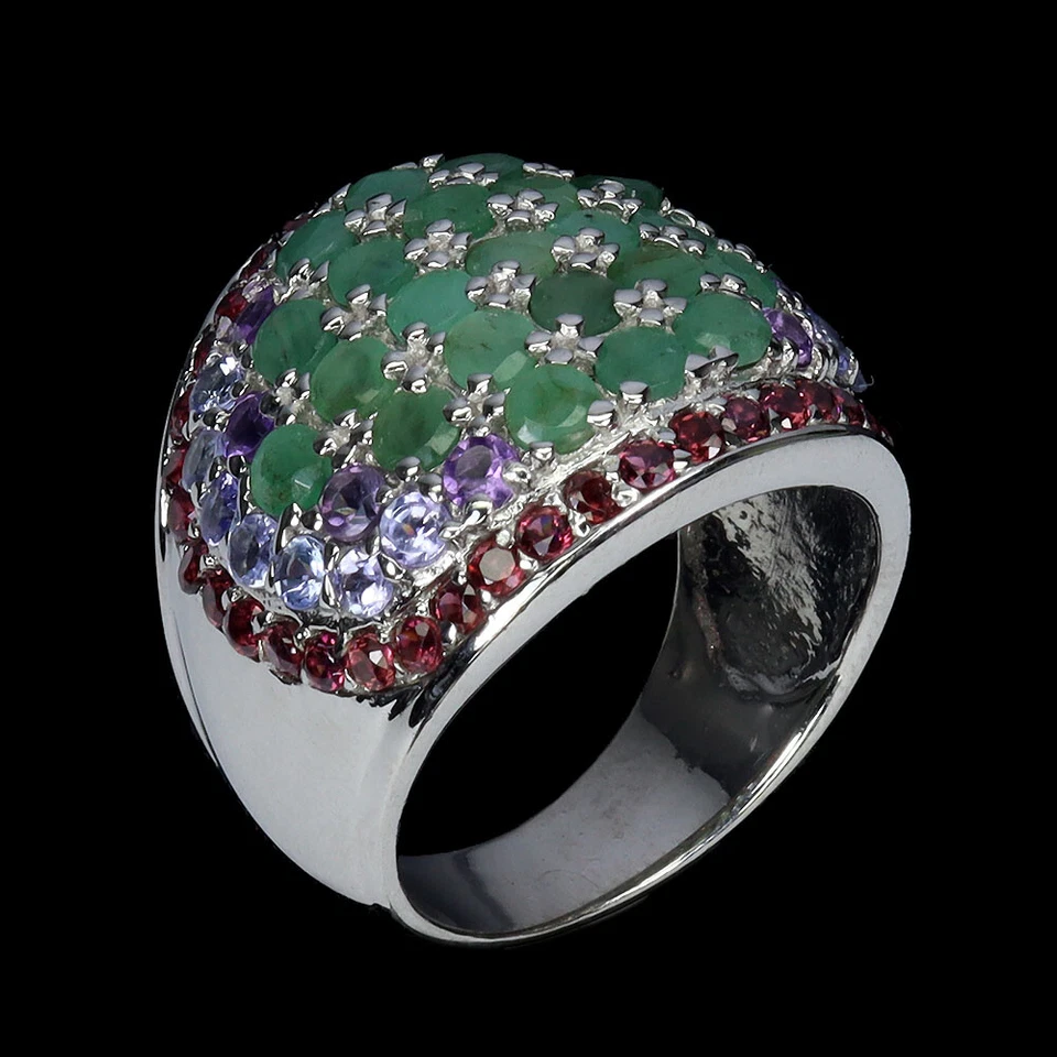 925 Anillo Plata de Ley Redondo Esmeralda Granate Tanzanita Gema Joyería Sz 8.5 - Imagen 2 de 4