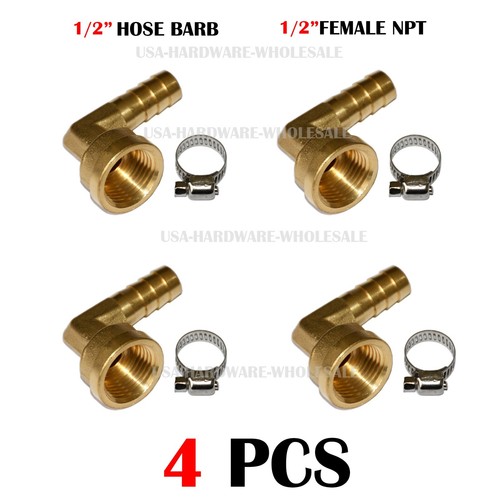 4PC 1/2" Hose Barb Elbow X 1/2" FEMALE NPT Brass Pipe Fitting NPT Thread clamp
