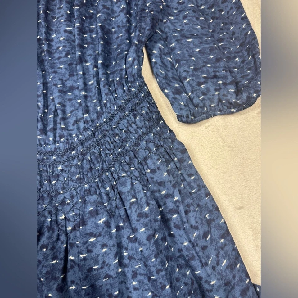 Mini Vestido Joie 100% Seda Baño Mangas Largas Abullonadas Boho Azul Marino Lunares Talla Grande Foto 4 de 4