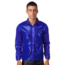 Men's Dance Shirt Tops Jazz Long Sleeve Latin Shirt Sequin Button Down Shirts