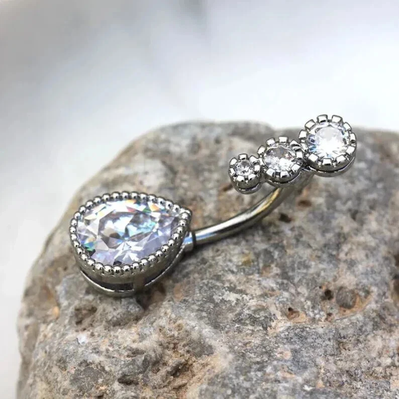 Pear Simulated Aquamarine Belly Button Ring Body 14K White Gold Plated Silver