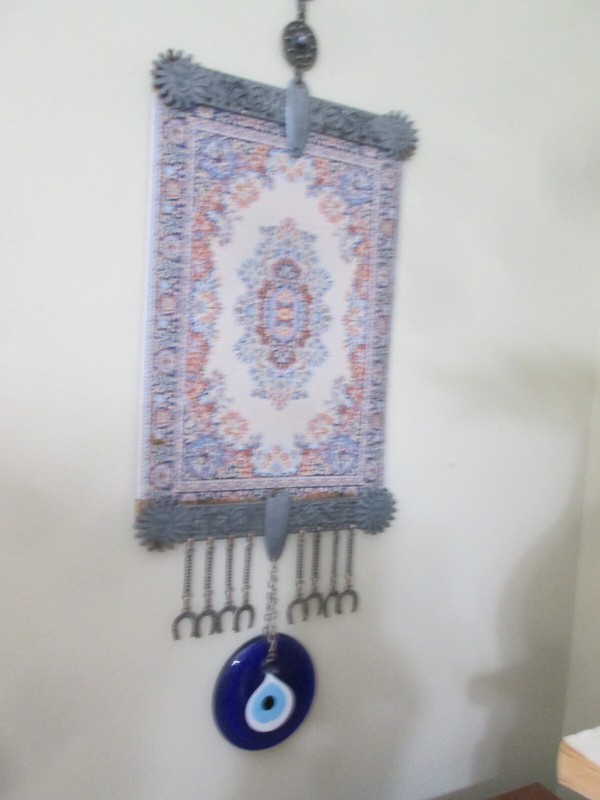 VTG TURKISH 3" BLUE EVIL EYE PROTECTIVE WALL HANGING RUG 12" by 7.5" W/Horseshoe