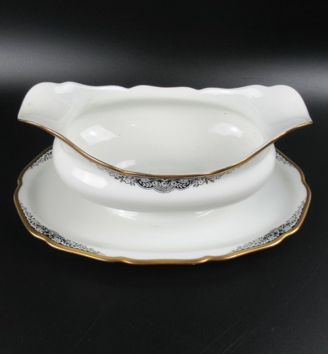 Hutschenreuther Hohenberg Porzellan Sauciere Goldrand schwarzes Dekor Sauce Boat - Bild 2 von 4