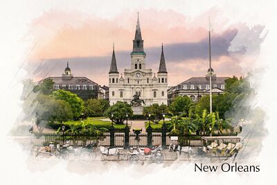 Jackson Square New Orleans watercolor canvas, New Orleans watercolor Canvas Pri