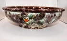 JASBA Keramik German Pottery Bowl-Brown & Aqua Drip Glaze with Applied Flowers