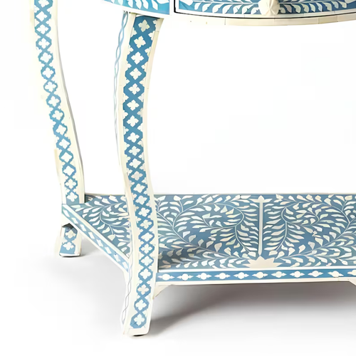 Half Moon Console Table, BoneInlay Design, Blue and White Floral Pattern Style. - Picture 12 of 13