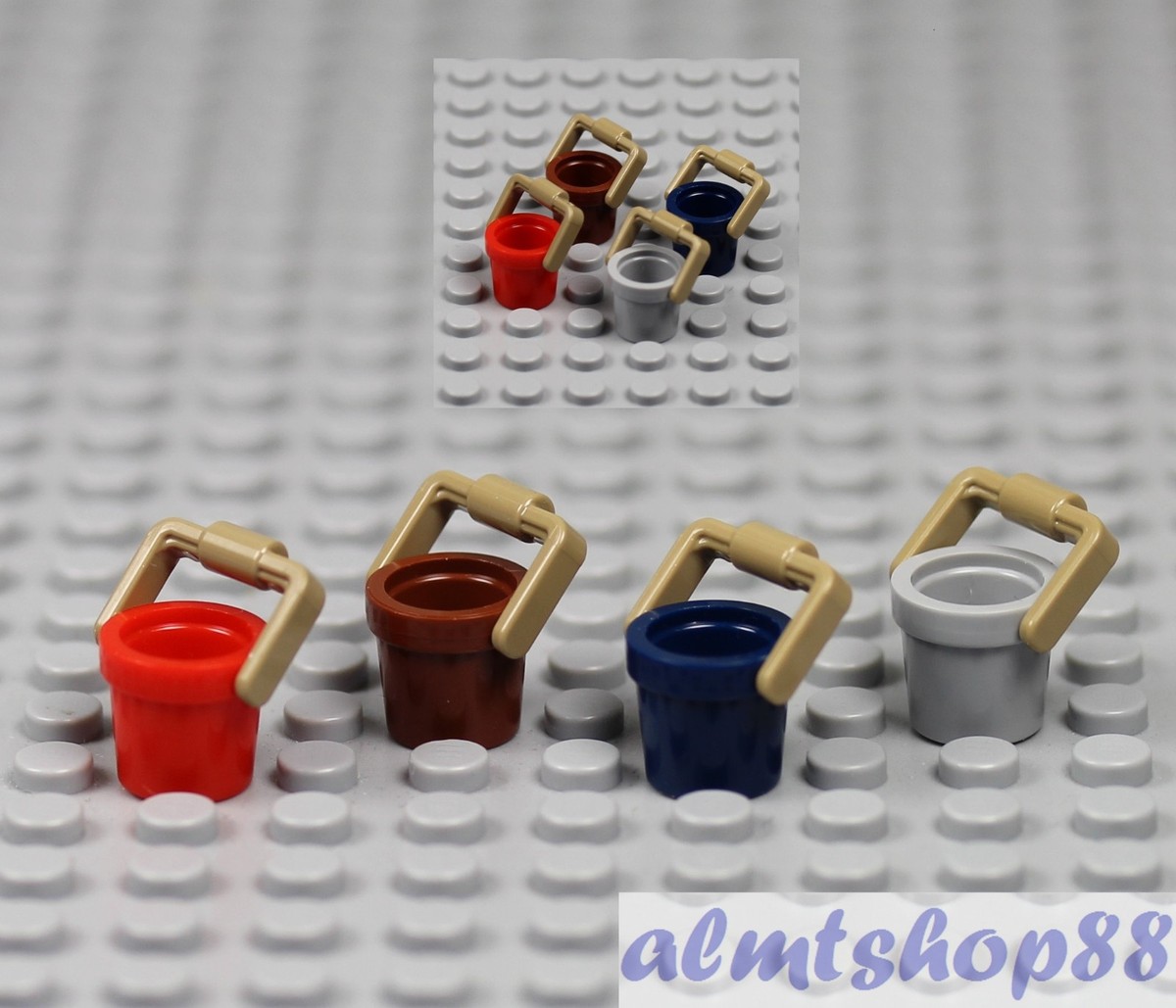 LEGO - 4x Small Bucket w/ Handle - Brown Red Blue Gray Pot