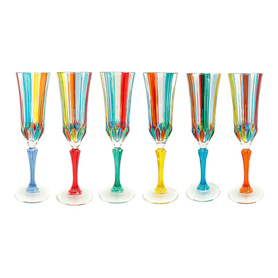 6er Set Murano Sektgläser Multi Blau Rot Orange Stiel Handbemalt