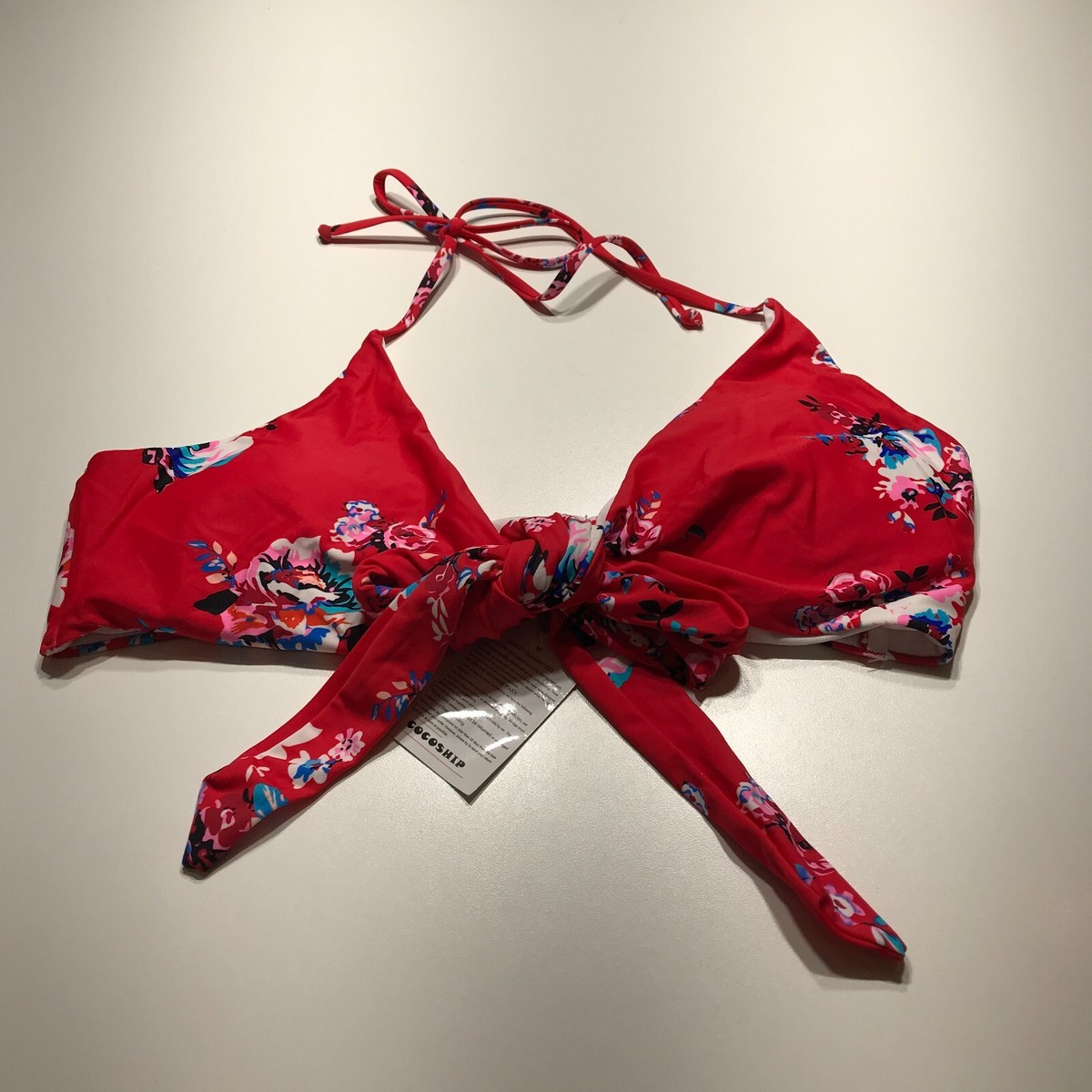 Cocoship Bikini Top Womens Size 14 NWT Red Floral Print Halter Neck Tie  String - Main Image