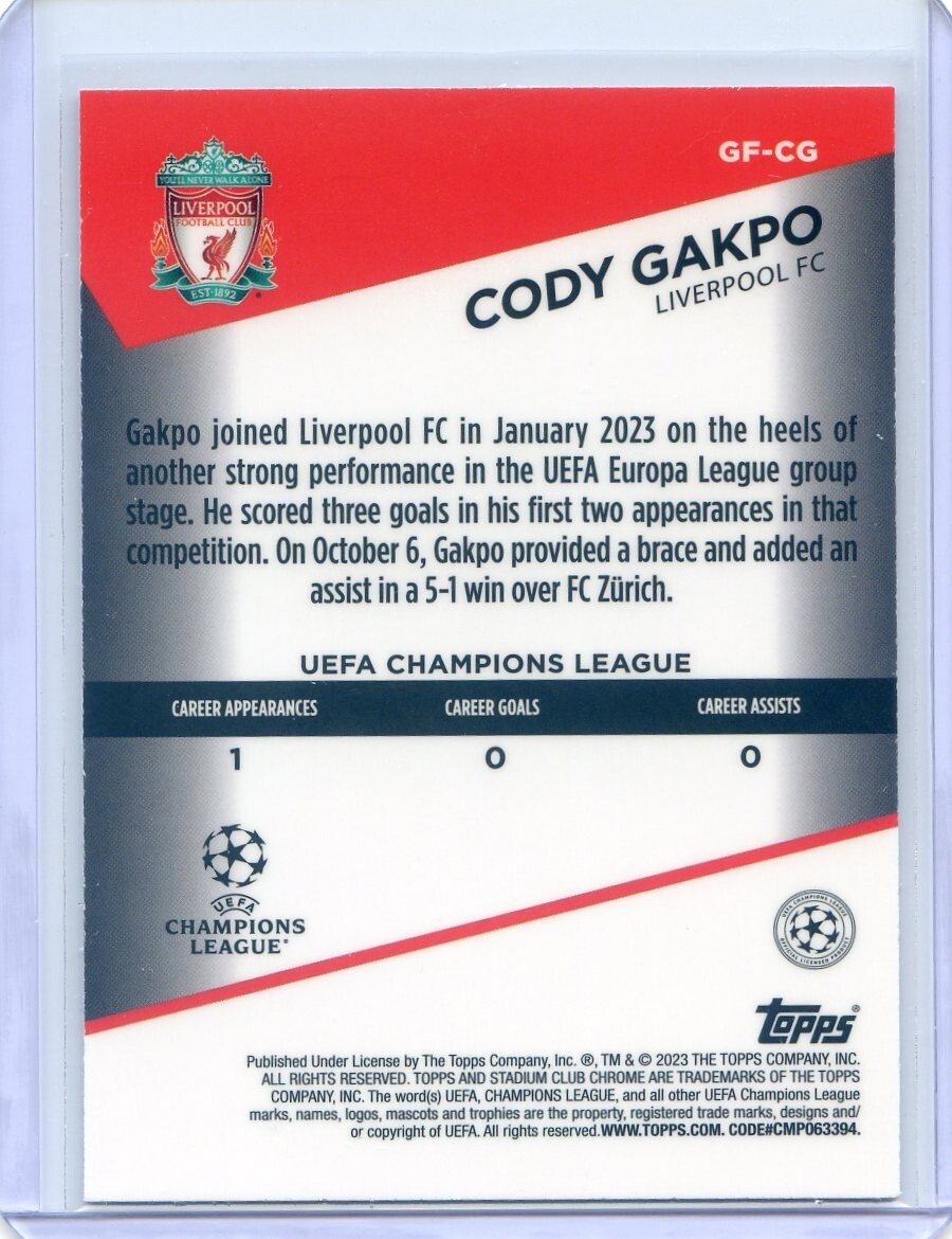 22-23 Topps Stadium CODY GAKPO 直筆サインカード 2022-23 Topps Merlin UEFA Autograph Auto Card : Cody Gakpo