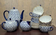 Imperial Russia Porcelain Tea Set Cobalt Blue with Gold Accent 18 Pieces for 6