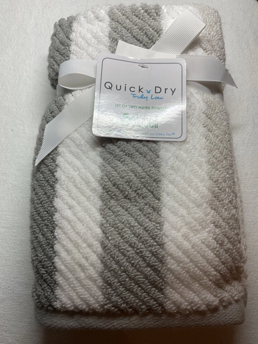 TRULY LOU HAND TOWELS (2) QUICK DRY GRAY WHITE STRIPES 100% COTTON NIP