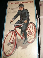 MILTON BRADLEY CO. MESSENGER BOY CHECKERS  BICYCLE DELIVERY BOX 