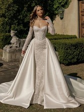 White Mermaid Wedding Dresses Strapless Back Zip Bridal Gowns Detachable Sleeves