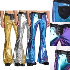 Mens Metallic Shiny Disco Dance Cowboy Flared Bell Bottom Long Pants Trousers