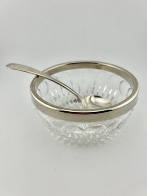 VTG Italian Cut Glass Sugar Bowl W/Silver Plate Rim & Spoon. Thumb Print Design