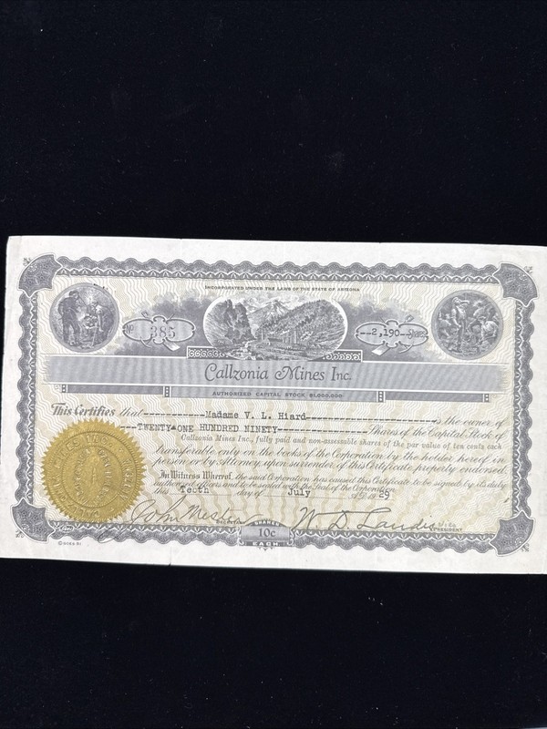 1929 Callzonia Mines Inc. Arizona Stock Certificate - 2190 Shares w/ Gold Seal