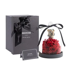 Preserved Rose with Cupid Bear in Glass Dome, Eternal Real Rose Romantic Gift...