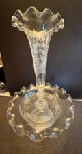 Antique Blown Glass, Etched Glass Tall Single Horn Epergne
