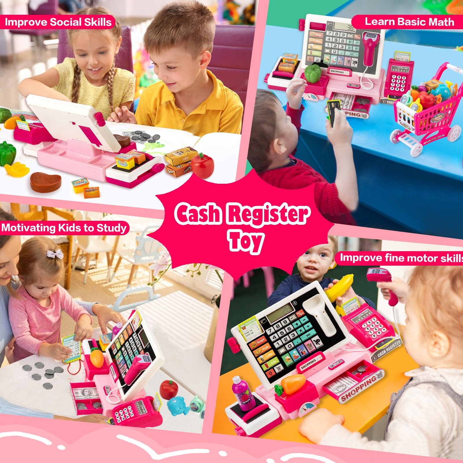 как выглядит Kids Cash Register Toy with Shopping Cart Toddler Pretend Play Store Cashier ... фото