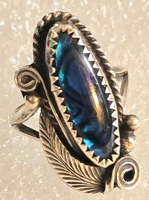 Vintage STERLING Silver Native signed J Morris Blue Abalone/Opal Ring Sz 5.75