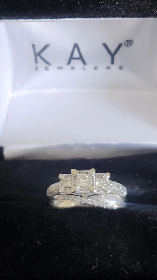 White Gold 3-Stone Princess Cut Diamond Wedding Ring Set From Kay Jewelers - Image 2 of 4