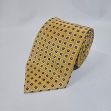 Roundtree  Yorke Mens Silk Tie Geometric Pattern Gold Blue Handmade 3.5"x60"