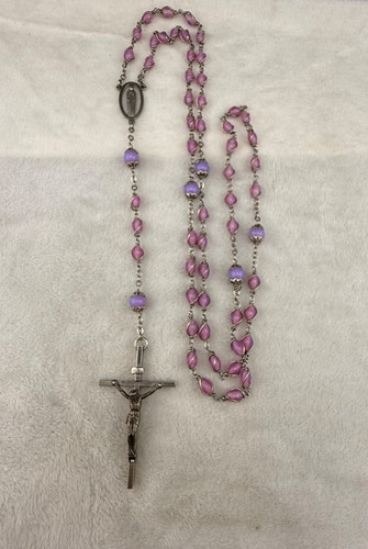 Vintage Glass Beaded Rosary Cross Pink Purple 36”