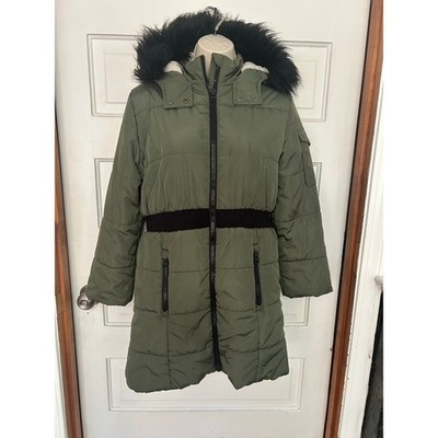 Hudson Girls Coat Size Large 12/14 Green Puffer Fur Hood Full Length Zipper XC