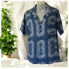 Desmond & Dempsey Blue Paisley Linen Luxury Cuban PJ  Pajama Top Size S Bandana